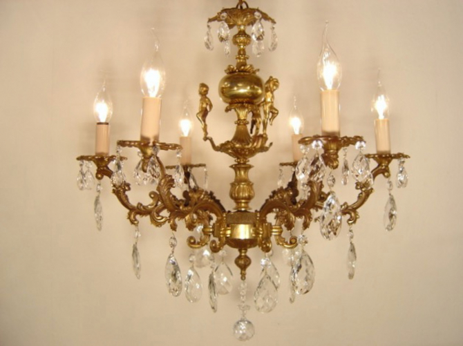 small 6 lights old cherubs brass crystal chandelier