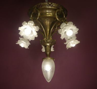 RARE ANTIQUE ART NOUVEAU CEILING LIGHT BRONZE LAMP CHANDELIER SATINED GLASS Ø23