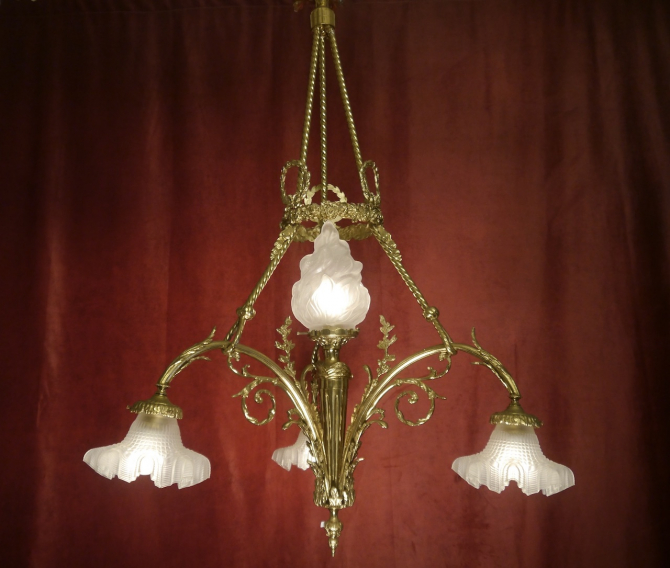 old Art Nouveau shiny brass satined Glas Bowls 4 Lights