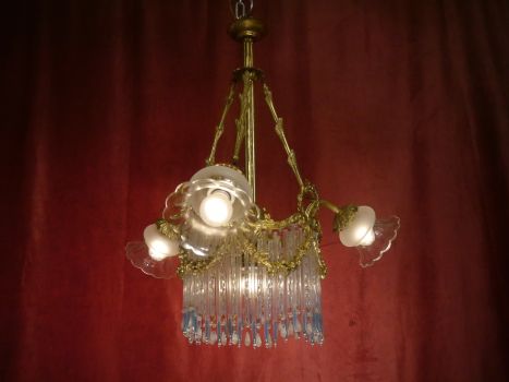 Beautiful antique art nouveau lamp with blue and white glass rods 4 flames