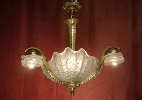 ANTIQUE 6 LIGHT FINE BRONZE LAMP CHANDELIER SATINED MUSSEL SHELLS GLASS Ø 24"