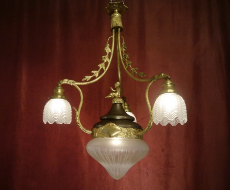 ANTIQUE FINE OLD CHERUBS LIGHTINGS BRONZE BRASS LAMP CHANDELIER RARE BOWLS Ø26"