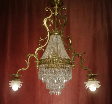 Large heavy antique brass bronze lamp chandelier rare icicle crystal shape