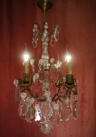 FINE ANTIQUE FRENCH 4 LIGHT CRYSTAL GLASS BRONZE CHANDELIER LAMP