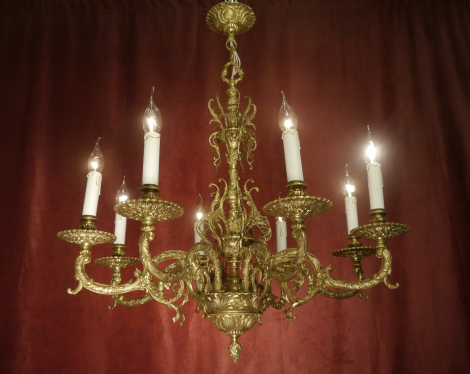 old filigree high column brass 8 light spanish chandelier