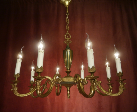 LARGE STYLISH GREEN VARNISH EMPIRE CHANDELIER CONICALLY CHANNELED 8 LIGHTS Ø29"