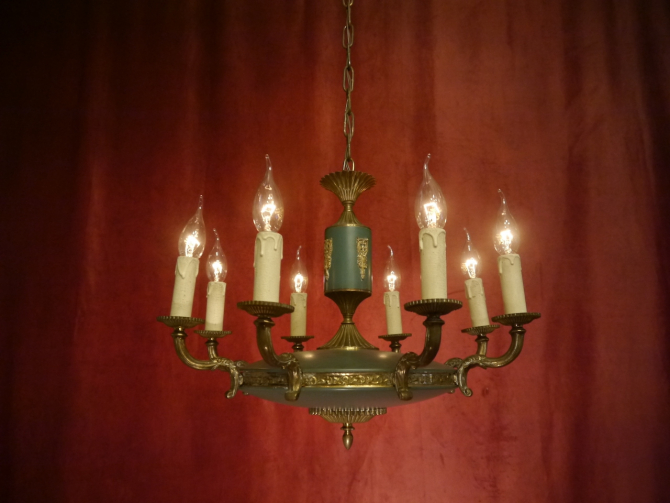 rare old Empire chandelier green lacquer brass 8 flames