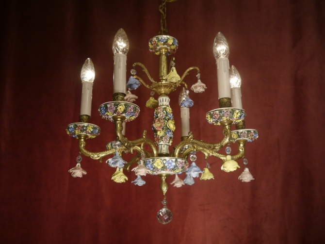 small seldom Spanish gold bronze colorful Porcelain chandelier 8 light
