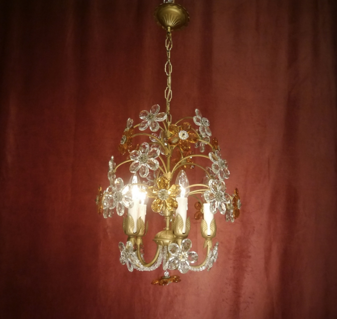 ITALY CHANDELIER FLOWERS 5 LIGHT OLD GLASS PEARLS CRYSTAL BRASS LAMP Ø 15"