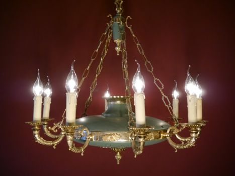 Preview: 10 light Empire chandelier green varnish goldbonze finish, dates from 1960 Preview: 10 light Empire chandelier green varnish goldbonze finish, dates from 1960