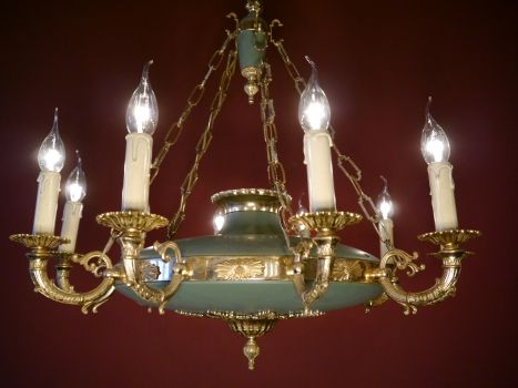 Preview: 10 light Empire chandelier green varnish goldbonze finish, dates from 1960 Preview: 10 light Empire chandelier green varnish goldbonze finish, dates from 1960