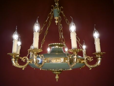 Preview: 10 light Empire chandelier green varnish goldbonze finish, dates from 1960 Preview: 10 light Empire chandelier green varnish goldbonze finish, dates from 1960