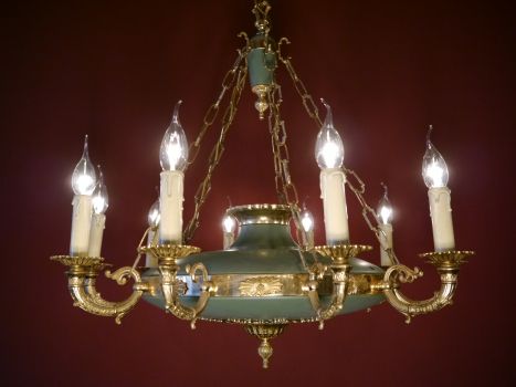 Preview: 10 light Empire chandelier green varnish goldbonze finish, dates from 1960 Preview: 10 light Empire chandelier green varnish goldbonze finish, dates from 1960