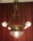 Preview: Antique French Art Nouveau Bronze Chandelier with Rose Glass Shades and Large Etched Center Bowl, circa 1900