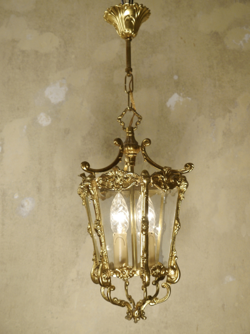 Preview: French Brass & Glass Lantern Chandelier – Vintage Ceiling Light 1960s