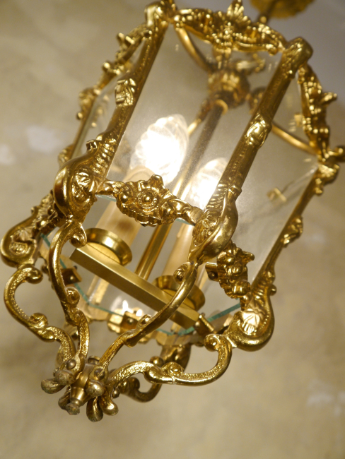 Preview: French Brass & Glass Lantern Chandelier – Vintage Ceiling Light 1960s