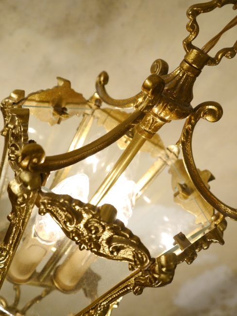 Preview: French Brass & Glass Lantern Chandelier – Vintage Ceiling Light 1960s