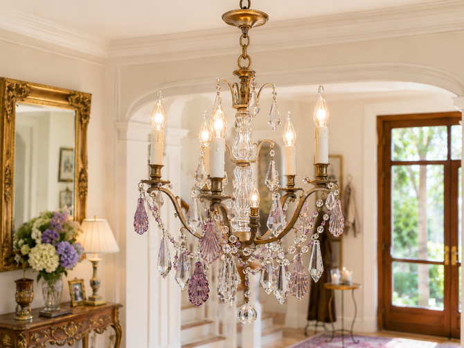 Französischer Kristalllüster mit silberfarbener Patina und Amethystkristallen, um 1900