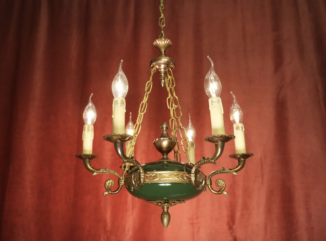 kleiner wunderschöner Empire Kronleuchter leuchtender Grünlack 6 flammig Kupferelemente