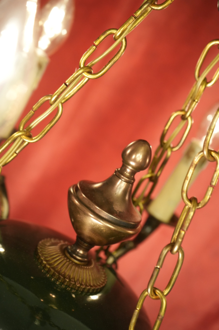 kleiner wunderschöner Empire Kronleuchter leuchtender Grünlack 6 flammig Kupferelemente