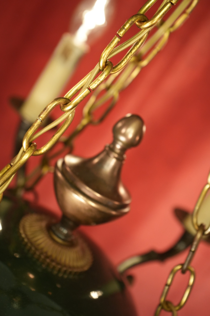 kleiner wunderschöner Empire Kronleuchter leuchtender Grünlack 6 flammig Kupferelemente