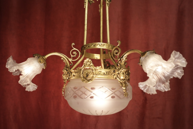 Preview: schöne alte hohe antike Goldbronze Lampe 4 flammig