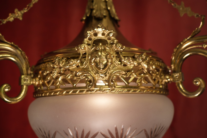 wunderschöne alte Messing Lampe 7 flammig glänzend satiniertes Glaswerk