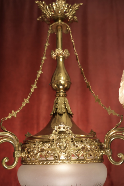 wunderschöne alte Messing Lampe 7 flammig glänzend satiniertes Glaswerk