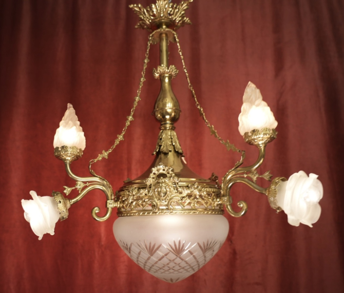 wunderschöne alte Messing Lampe 7 flammig glänzend satiniertes Glaswerk