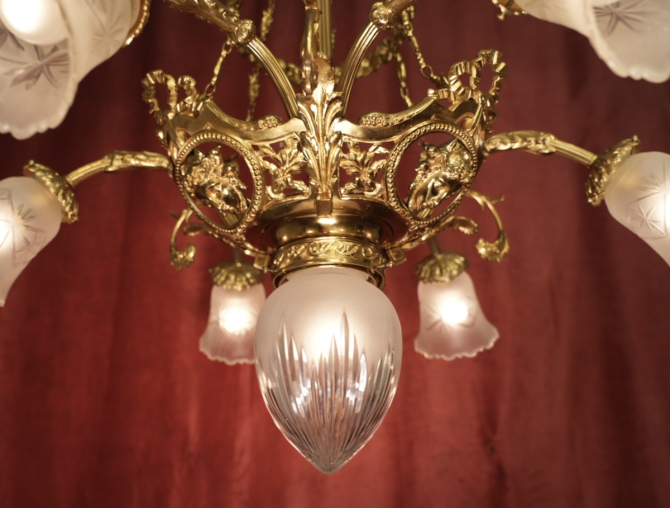 Preview: große wunderschöne antike Lampe Messing glänzend 7 flammig