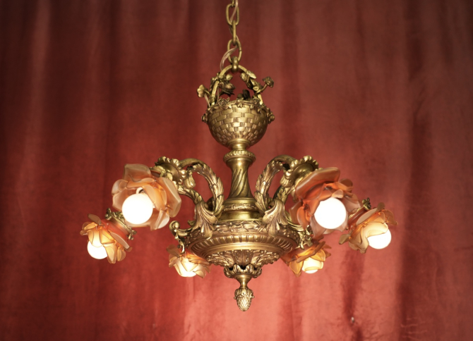 schwere antike Bronze Lampe Kronleuchter selten farbiges Glas