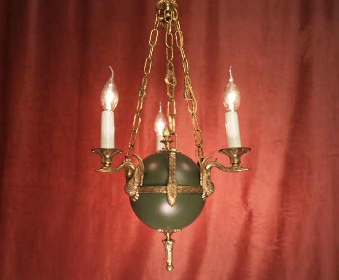 Preview: 3 flammiger schöner Empire Kronleuchter Grünlack figürlich