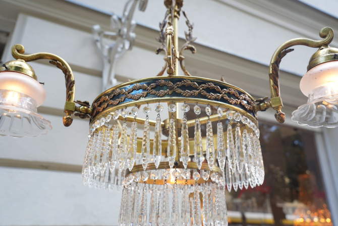 Preview: Empire Kronleuchter/ antike Lampe mit seltenem Zapfenschliff Kristallbehang 4-flammig