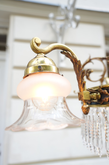 Empire Kronleuchter/ antike Lampe mit seltenem Zapfenschliff Kristallbehang 4-flammig
