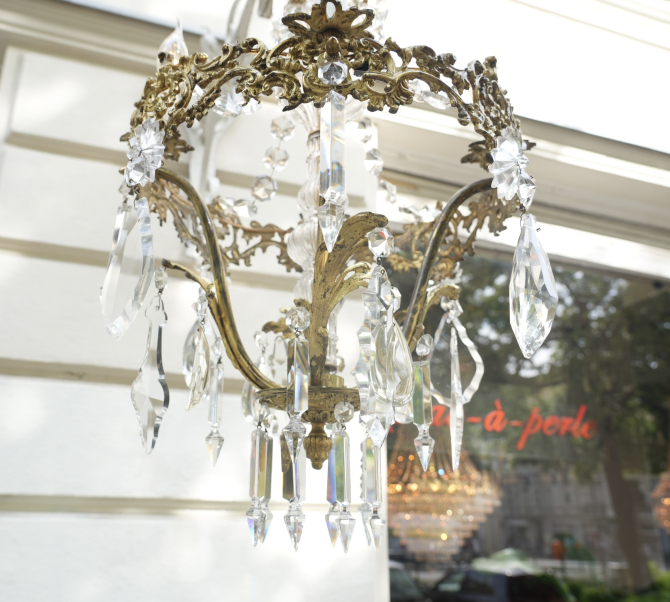 Preview: seltene Form antik Lampe Kronleuchter Bronze Bleikristall 4 flammig