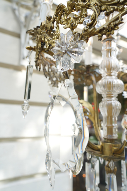 Preview: seltene Form antik Lampe Kronleuchter Bronze Bleikristall 4 flammig