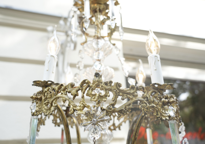 seltene Form antik Lampe Kronleuchter Bronze Bleikristall 4 flammig