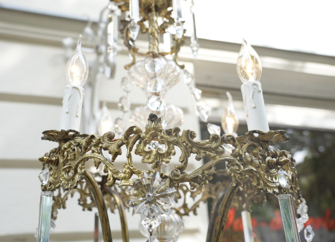seltene Form antik Lampe Kronleuchter Bronze Bleikristall 4 flammig