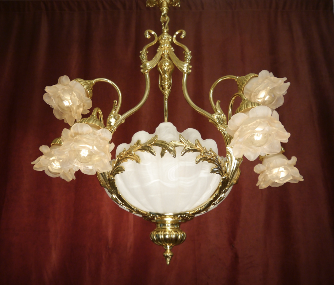 schöne große Muschelschalen Lampe Kronleuchter rosa Rosenblatt Messing glänzend 12 flammig