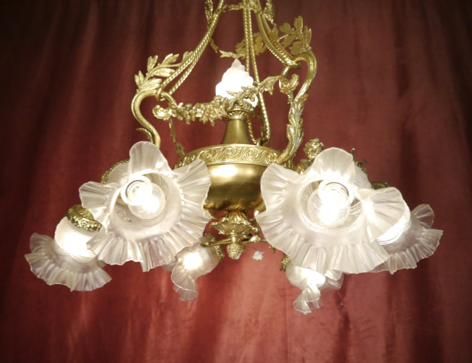 Beautiful tall antique Art Nouveau lamp, gold bronze, satin rose petal bowls, 7 lights