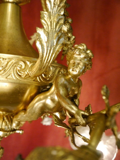 Beautiful tall antique Art Nouveau lamp gold bronze, satin rose petal bowls 7 lights