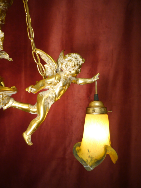 Large tall Art Nouveau Chandelier Lamp with colored delicate glass shade, Berlin