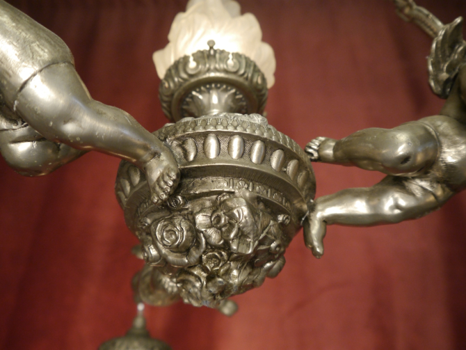 Beautiful antique Art Nouveau lamp, bronze nickel silver-colored, 3 lights