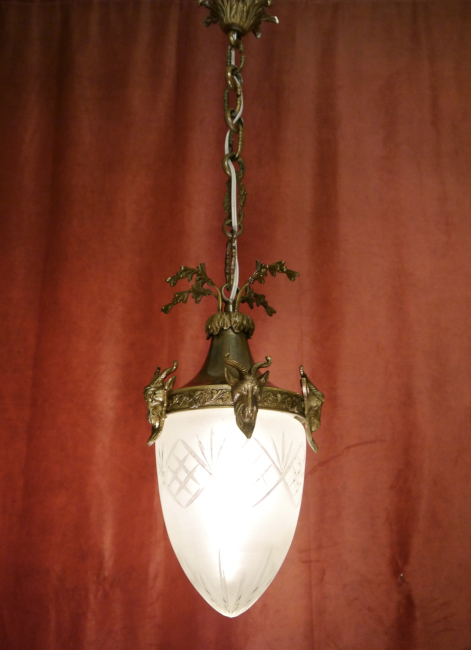 Bronze Chandelier antique Ceiling lamp Art Nouveau cut satined glass c. 1910