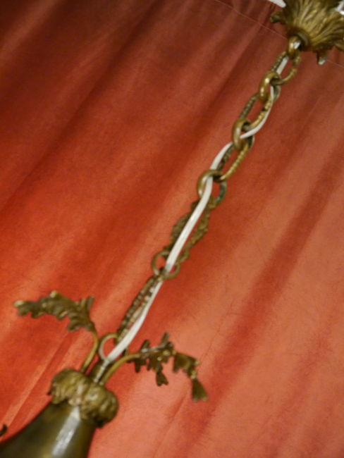 Bronze Chandelier antique Ceiling lamp Art Nouveau cut satined glass c. 1910