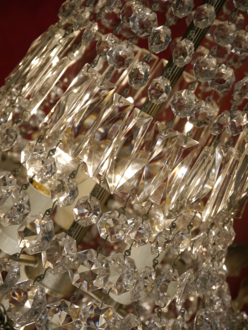 schöner mittelgroßer italienischer Kristall Korblüster Kronleuchter Nickel silberfarben Messing 6 flammig Berlin