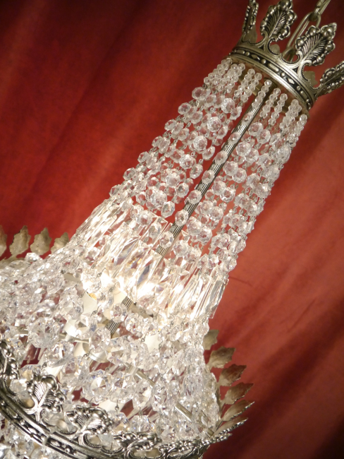 schöner mittelgroßer italienischer Kristall Korblüster Kronleuchter Nickel silberfarben Messing 6 flammig Berlin