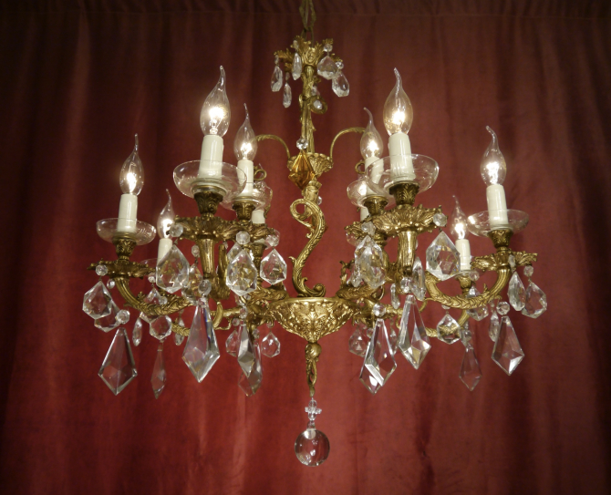 alter Kronleuchter Goldbronze Messing Kristall 12 Lampen