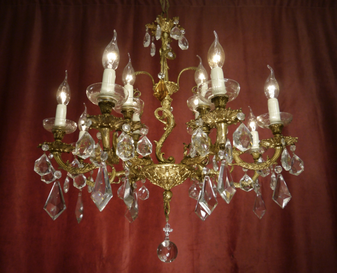 Preview: alter Kronleuchter Goldbronze Messing Kristall 12 Lampen