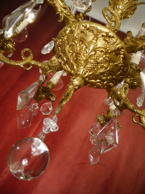 Preview: alter Kronleuchter Goldbronze Messing Kristall 12 Lampen